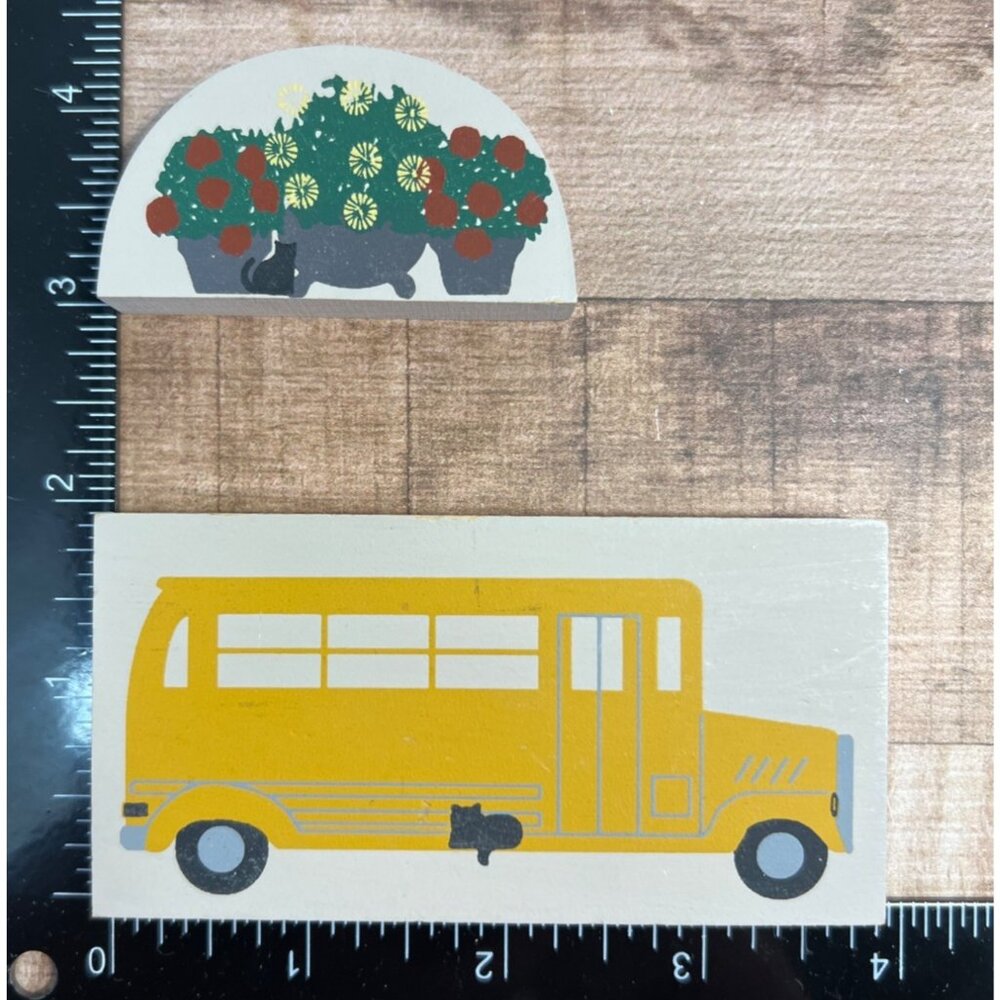 Cat's Meow Vintage Wooden Yellow School Bus & Rabbit Garden Scene Shelf Sitters